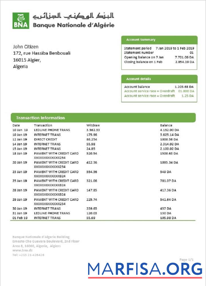 Downloadable Algeria Banque nationale d’Algérie (BNA) bank statement real example